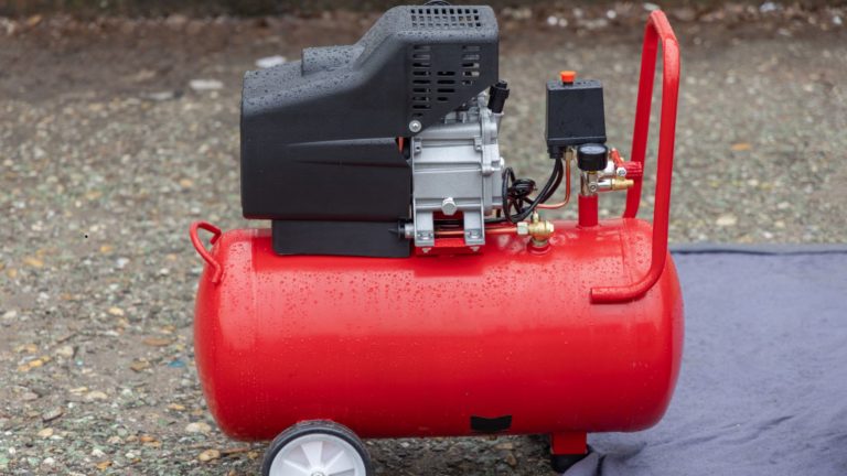 Compressore d'aria portatile rosso con serbatoio e motore visibile, utilizzato per lavori domestici e professionali.